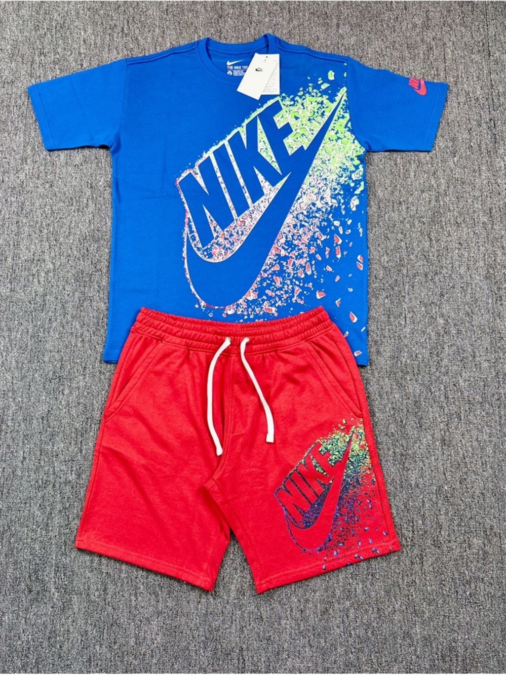 Nike Tee with Neon Splash & Red Logo Shorts